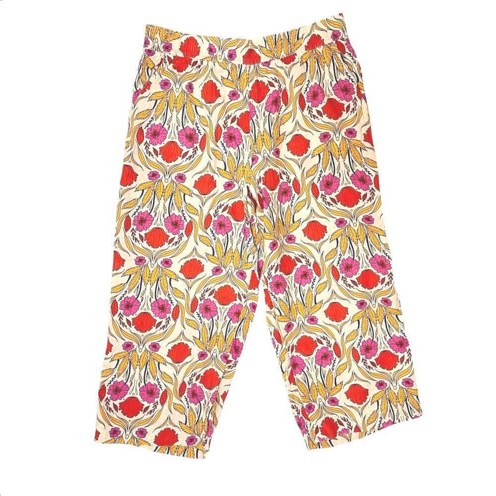Rachel Zoe 100% Linen Wide Leg Floral Crop Pants XL Resort Boho Retro
